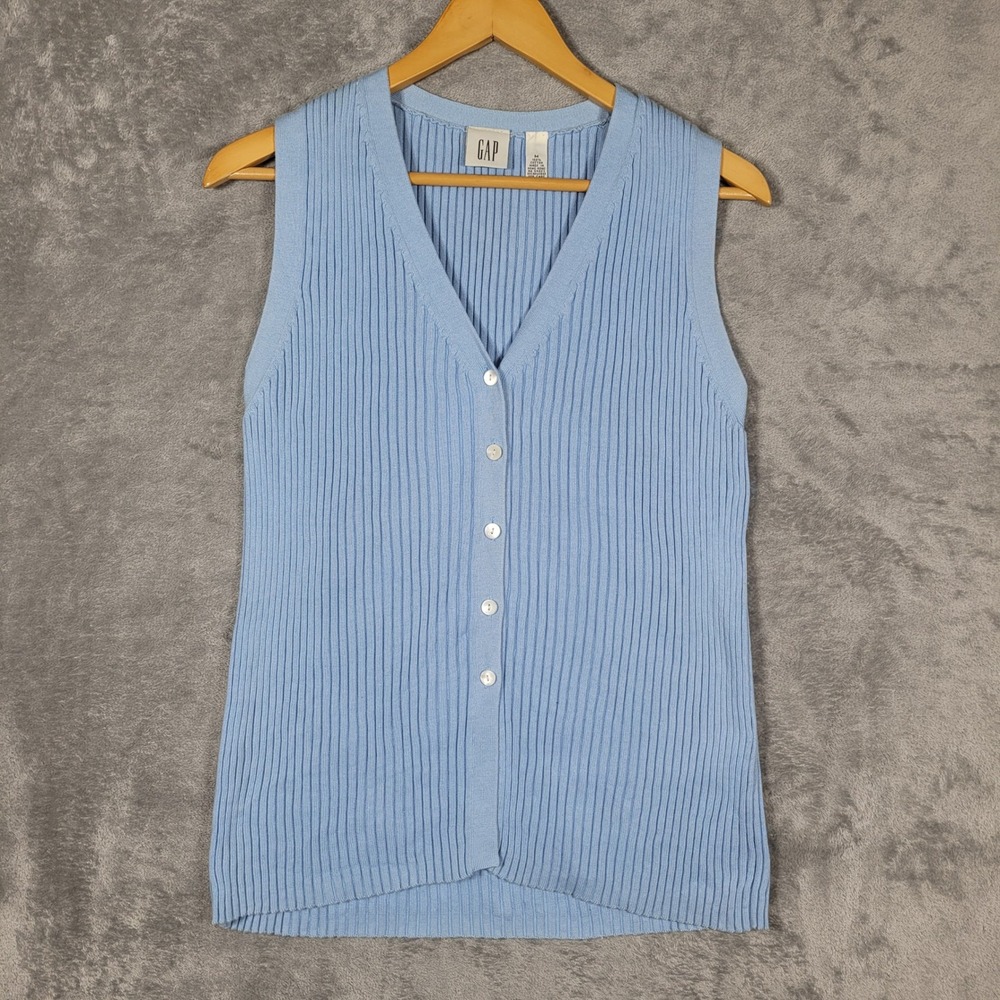 Vintage 90s Gap Sweater Vest Womens Medium Blue Ribbed Knit Button Front V-Neck